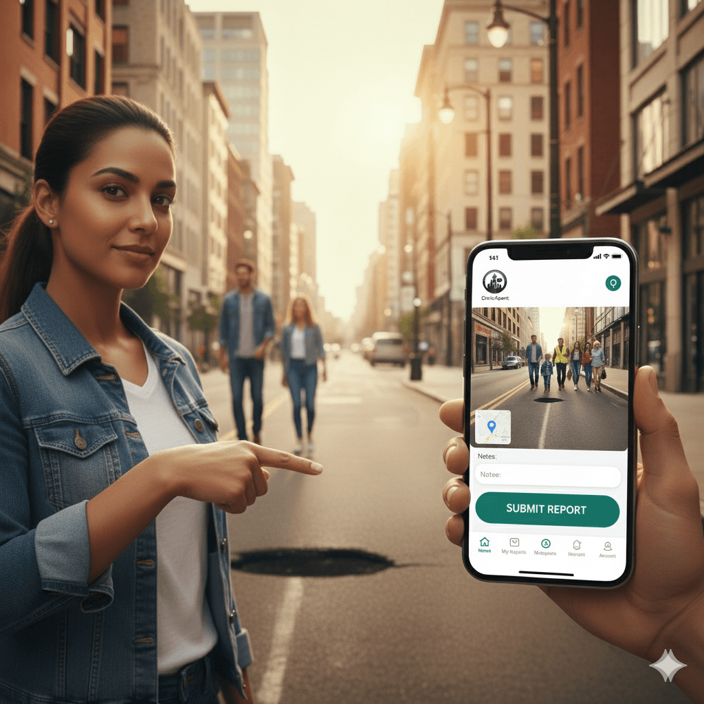 Woman showing CivicAgent app on mobile device